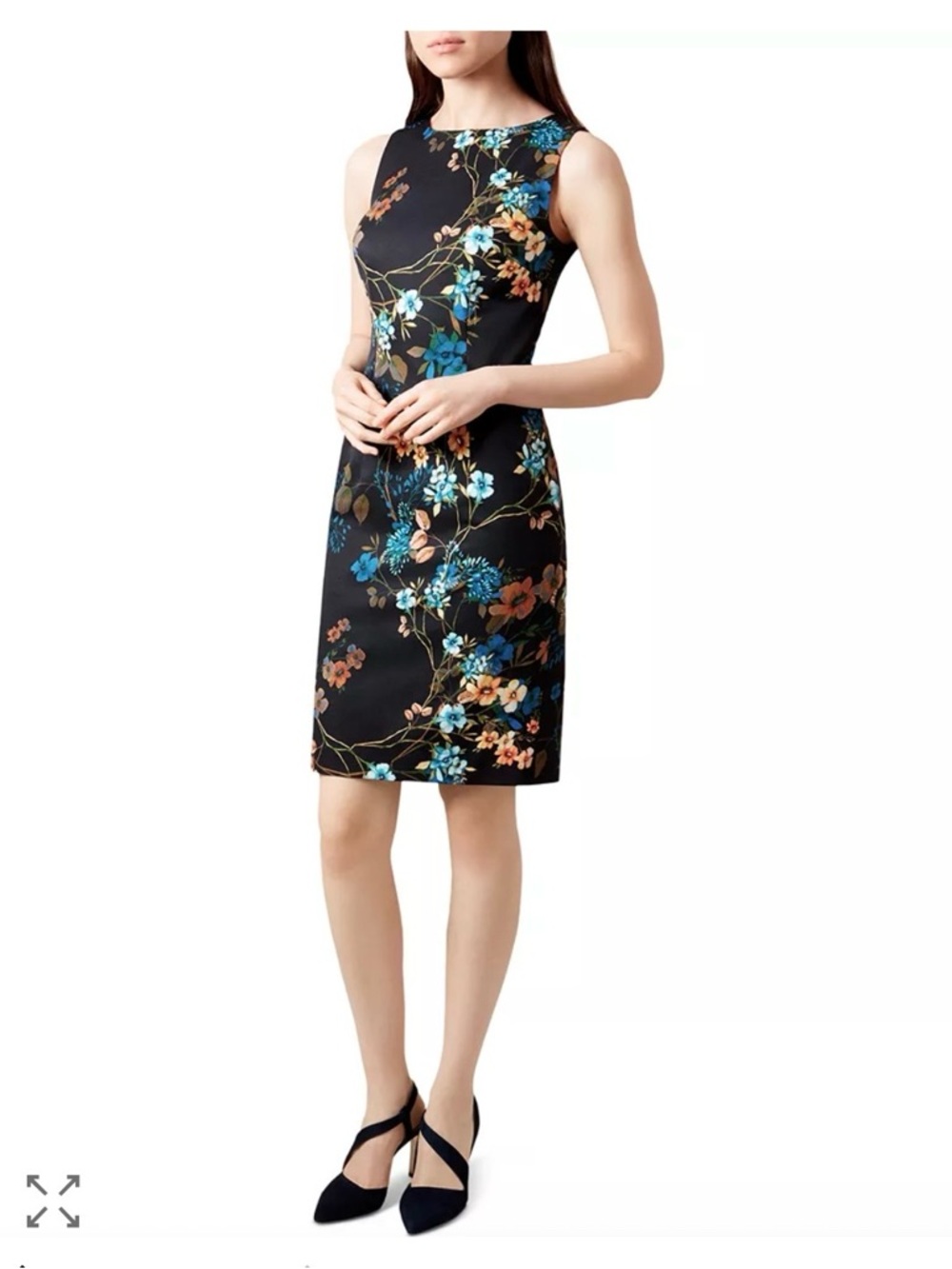 Hobbs London Floral Shift Dress Black Blue Yellow Midi Sleeveless Sheath Elegant